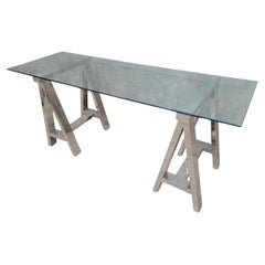 Vintage Contemporary Chrome Sawhorse Adjustable Table/Desk With Glass Top