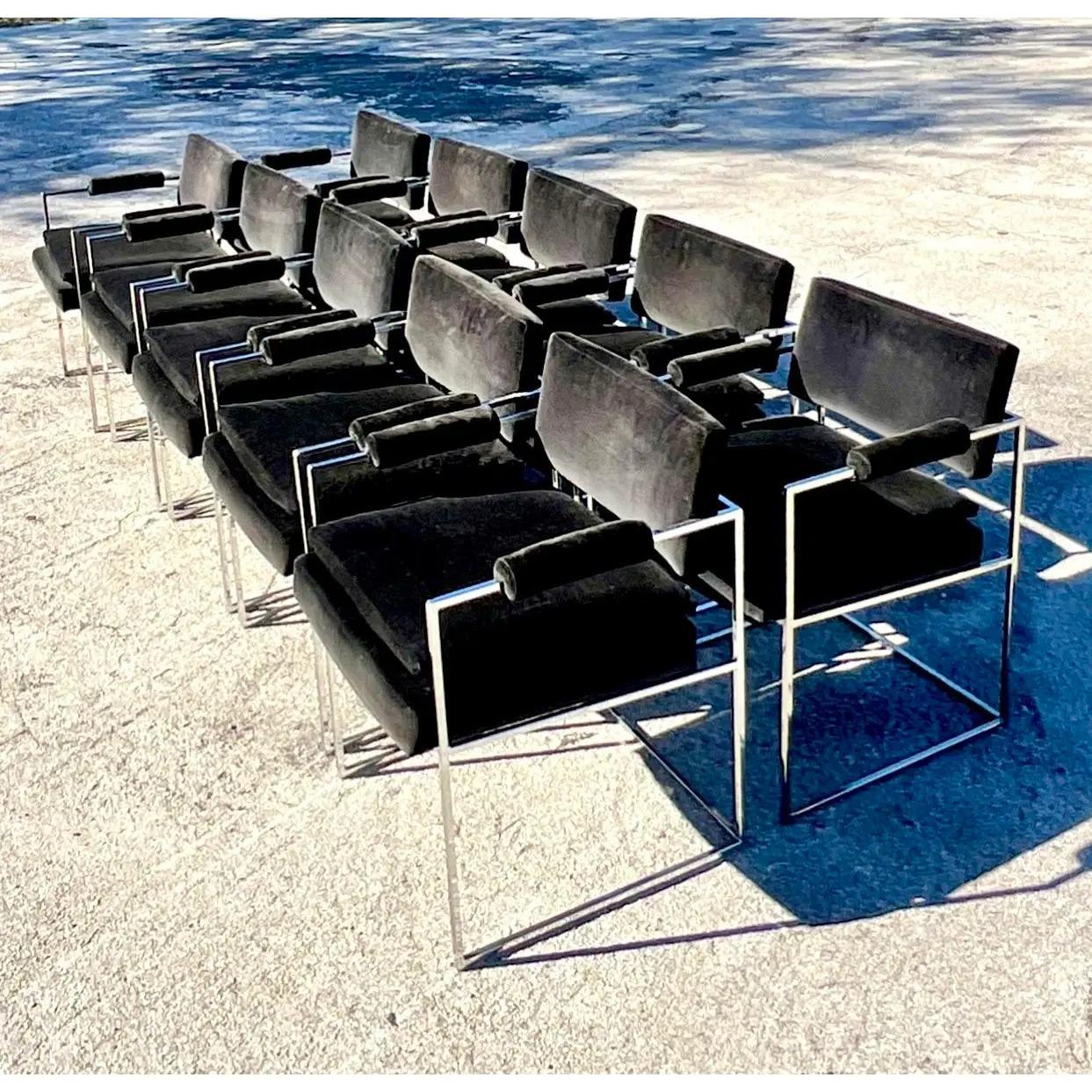 Vintage Contemporary Chrome “Thin Line” Dining Chairs After Milo Baughman In Good Condition In west palm beach, FL