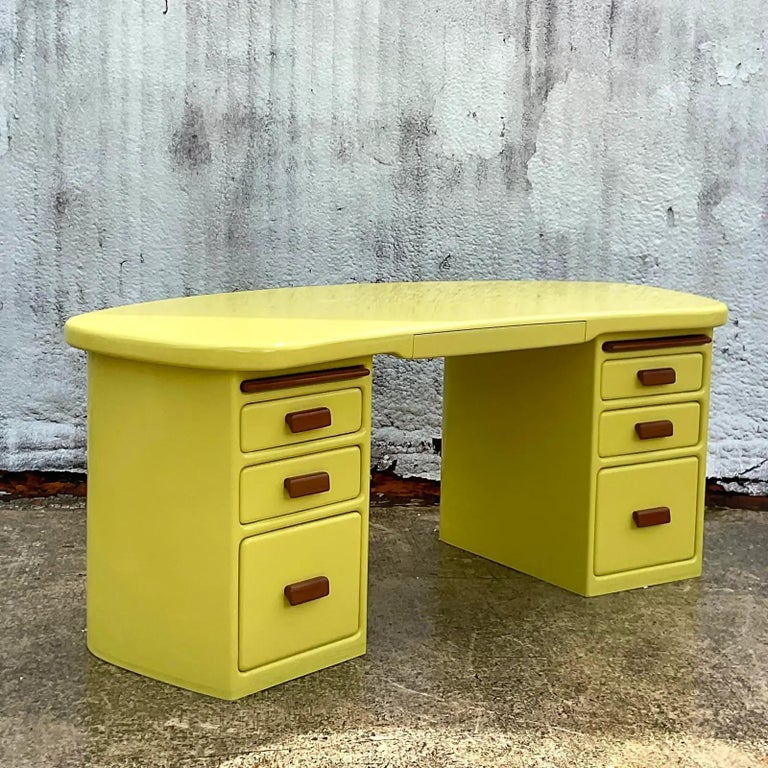 Vintage Contemporary Custom Lacquered Chartreuse Biomorphic Desk For