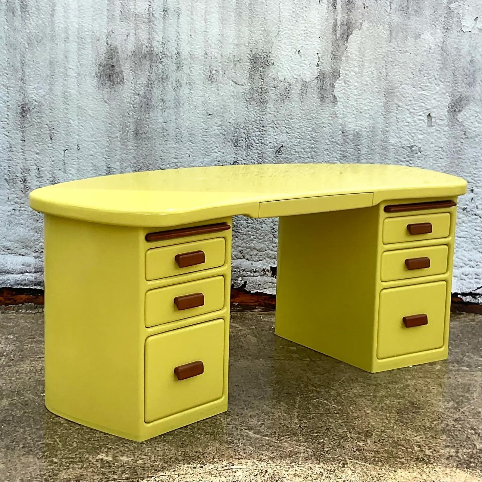 Vintage Contemporary Custom Lacquered Chartreuse Biomorphic Desk In Good Condition In west palm beach, FL