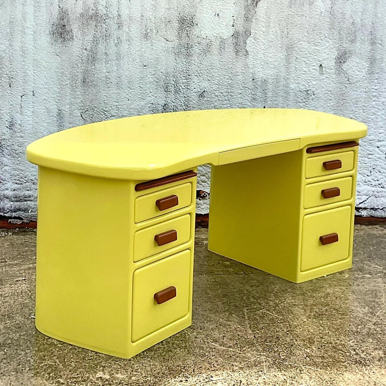 Wood Vintage Contemporary Custom Lacquered Chartreuse Biomorphic Desk