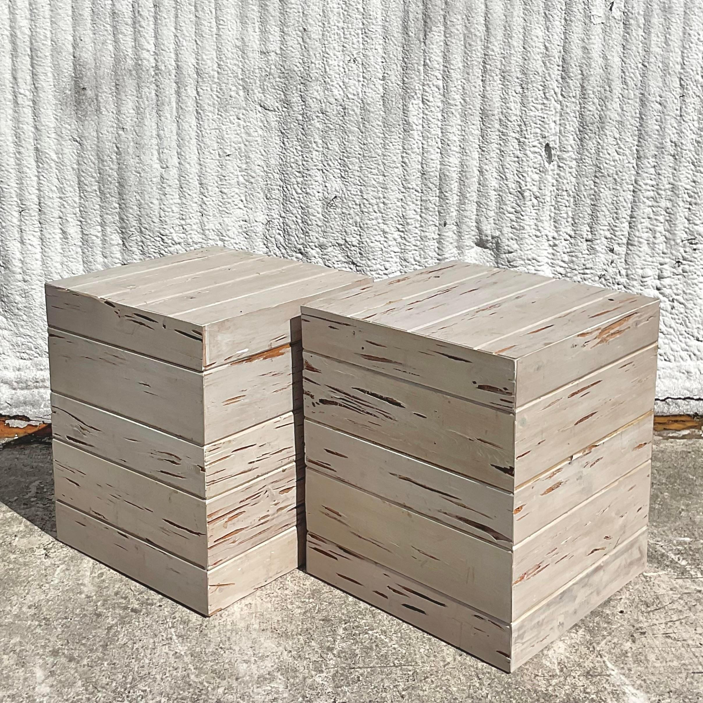 An amazing pair of vintage Boho original reclaimed cereused Pecky Cypress cube side tables. A chic and simple shape perfect for any space. Obtained from a classic Palm Beach estate.