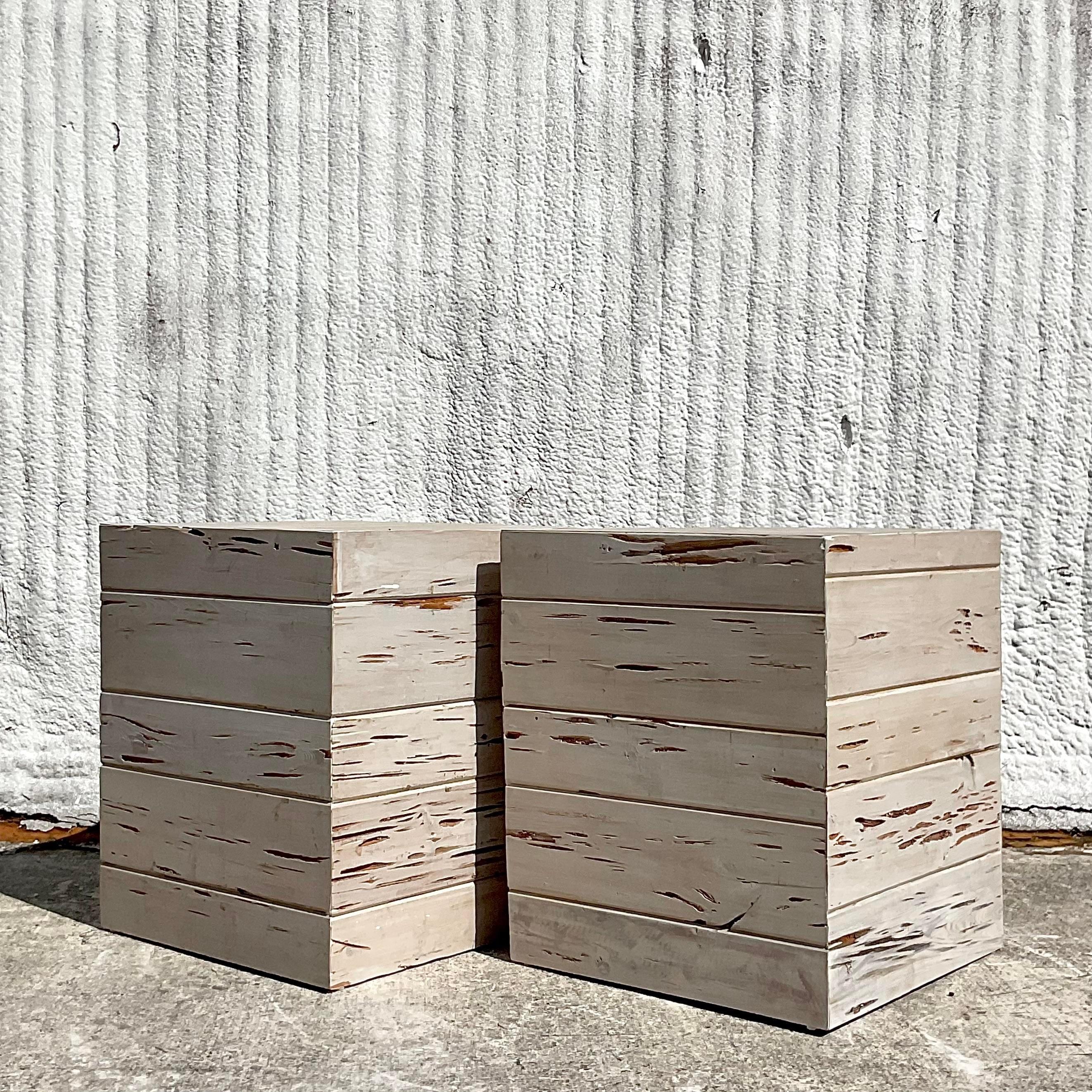 Mid-Century Modern Vintage Contemporary Custom Pecky Cypress Side Tables - a Pair