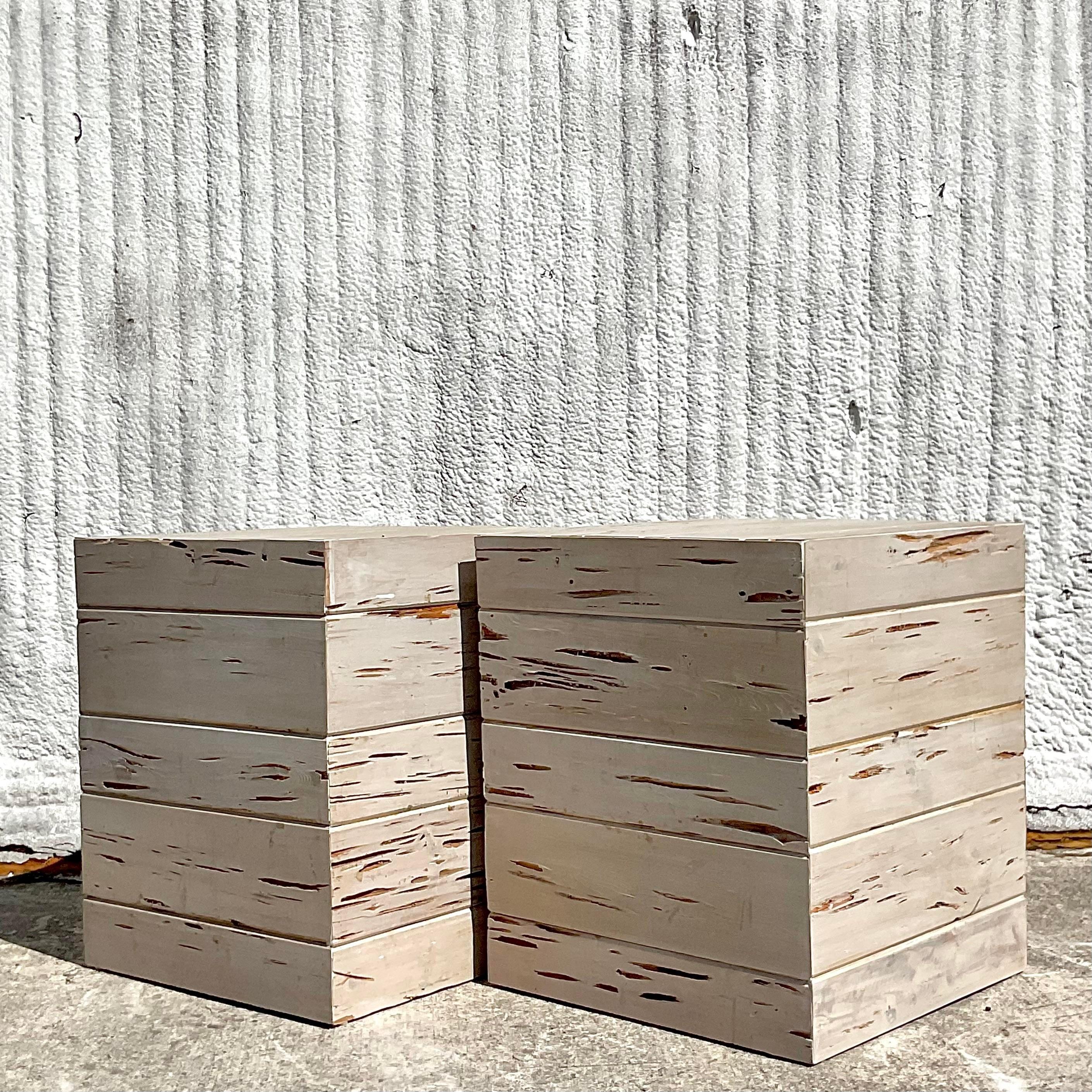 Vintage Contemporary Custom Pecky Cypress Side Tables - a Pair In Good Condition In west palm beach, FL