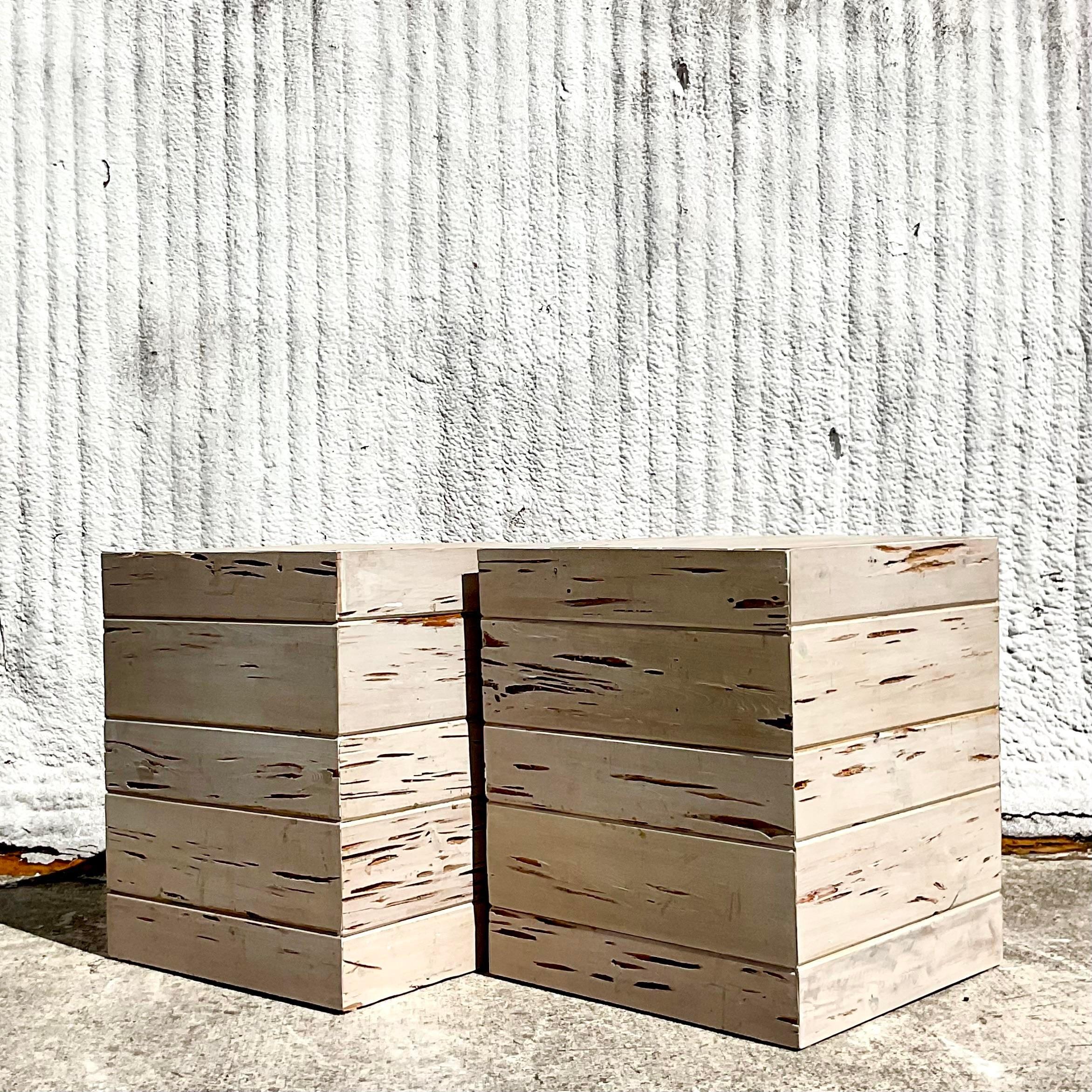 20th Century Vintage Contemporary Custom Pecky Cypress Side Tables - a Pair