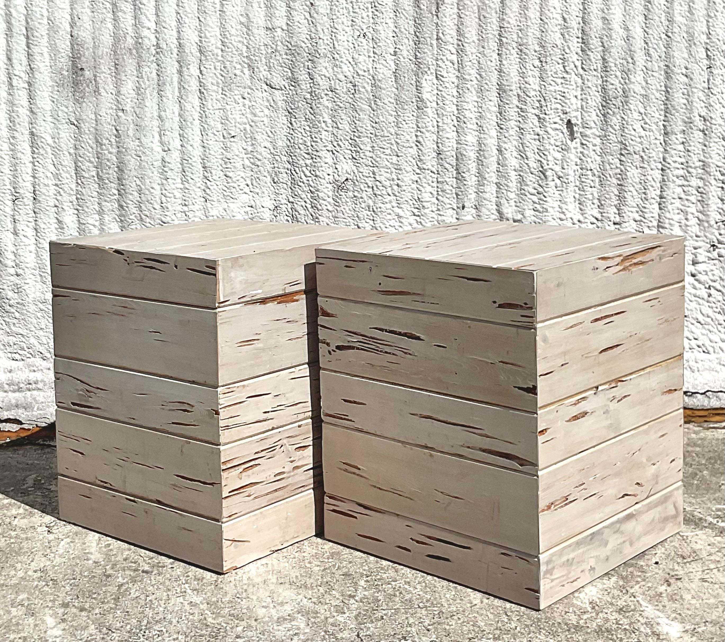 Wood Vintage Contemporary Custom Pecky Cypress Side Tables - a Pair