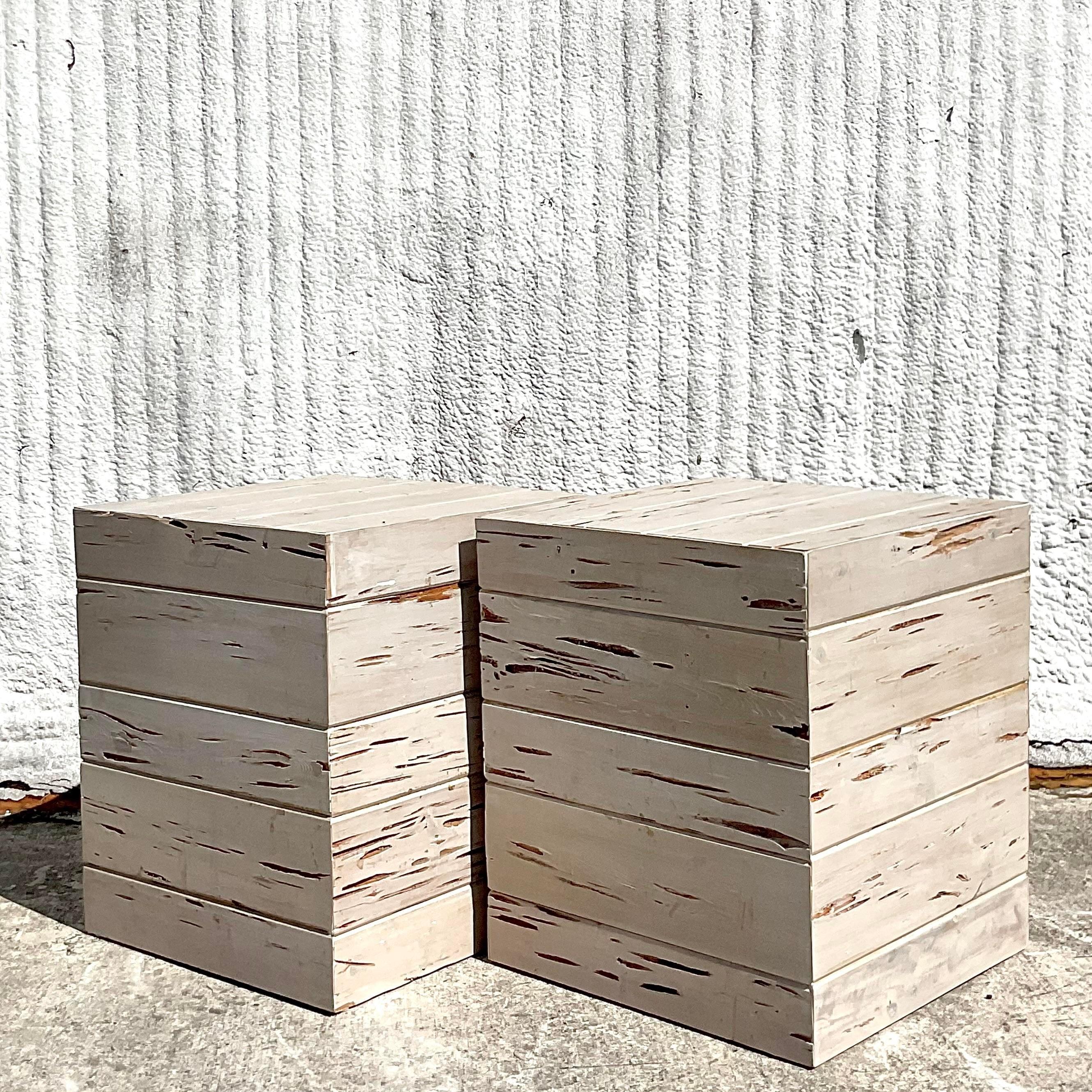 Vintage Contemporary Custom Pecky Cypress Side Tables - a Pair 1