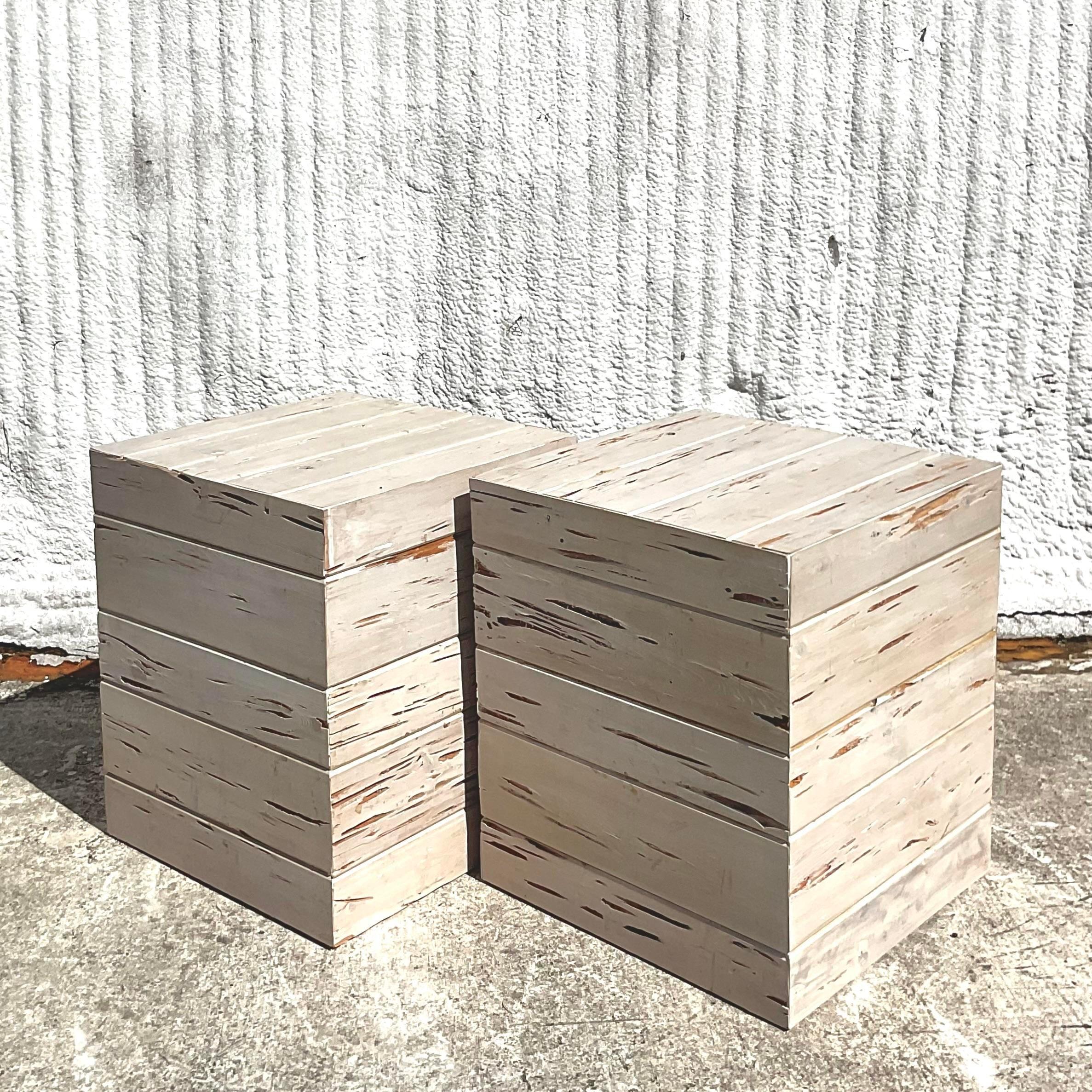 Vintage Contemporary Custom Pecky Cypress Side Tables - a Pair 2