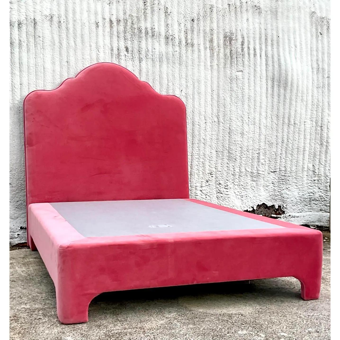 North American Vintage Contemporary Custom Queen Pink Velvet Platform Bed