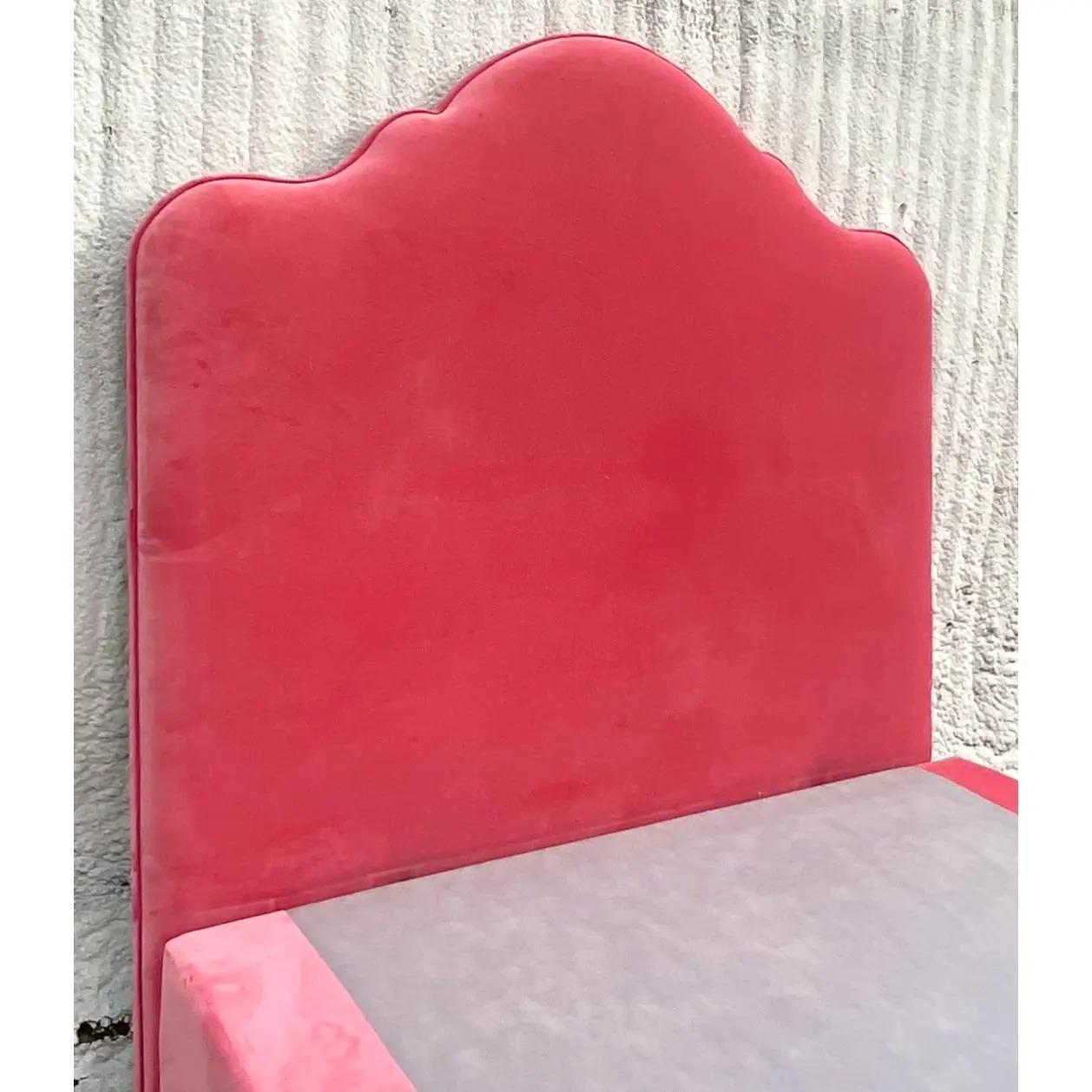 Vintage Contemporary Custom Queen Pink Velvet Platform Bed In Good Condition In west palm beach, FL