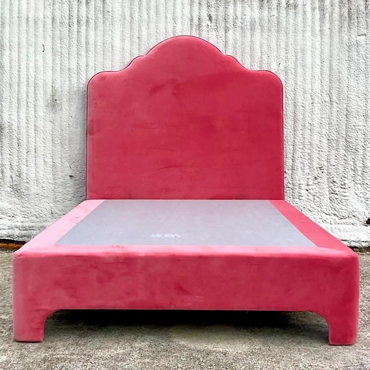 20th Century Vintage Contemporary Custom Queen Pink Velvet Platform Bed