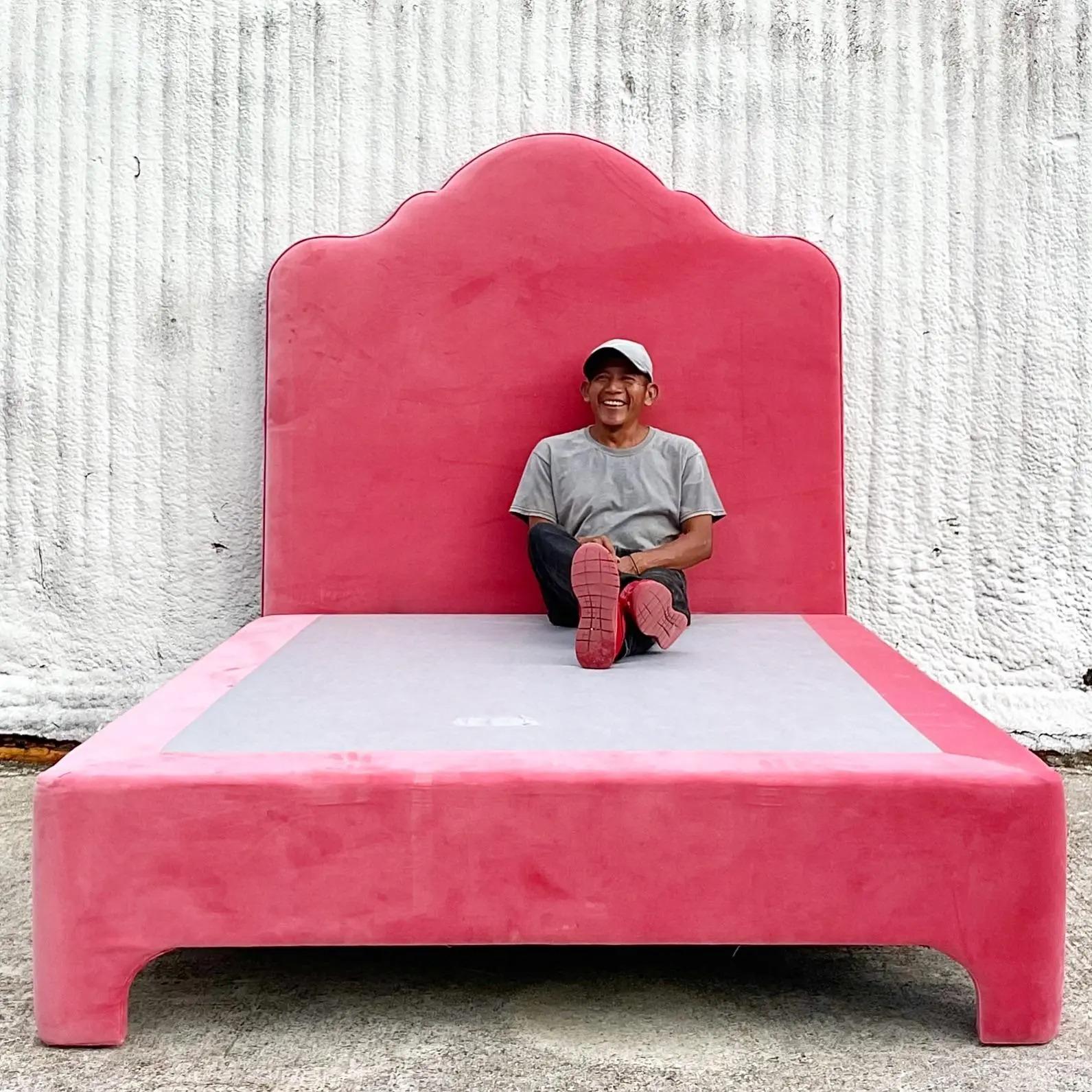 Vintage Contemporary Custom Queen Pink Velvet Platform Bed 1