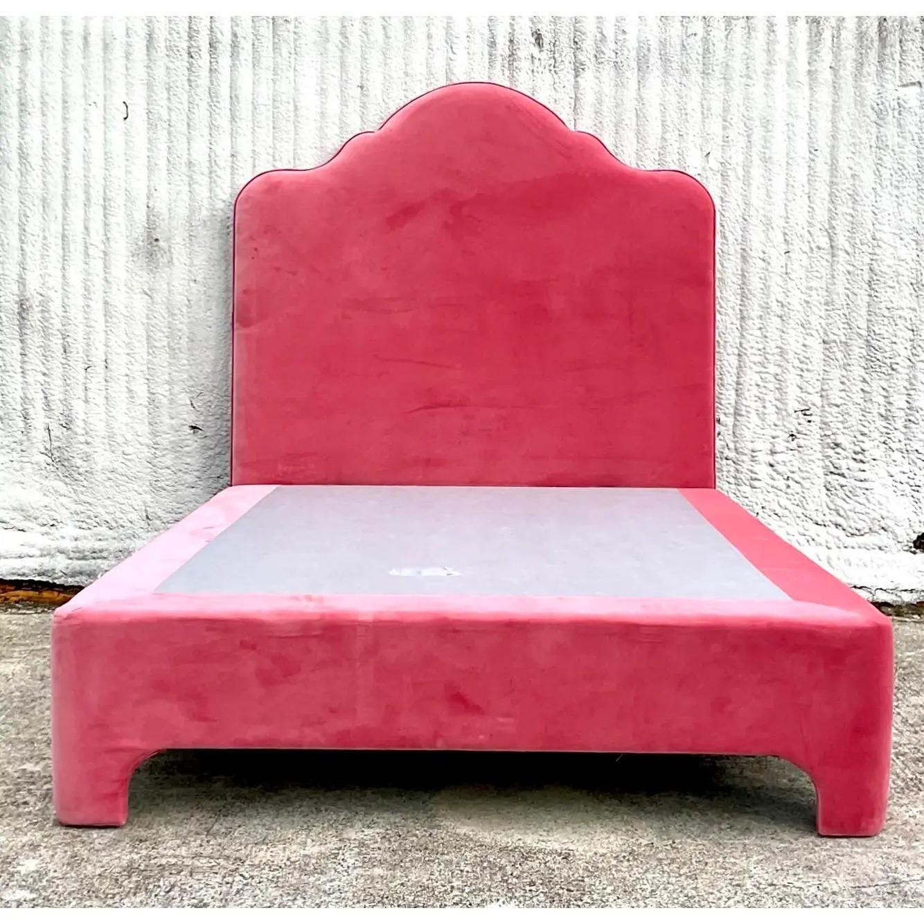 Vintage Contemporary Custom Queen Pink Velvet Platform Bed 3