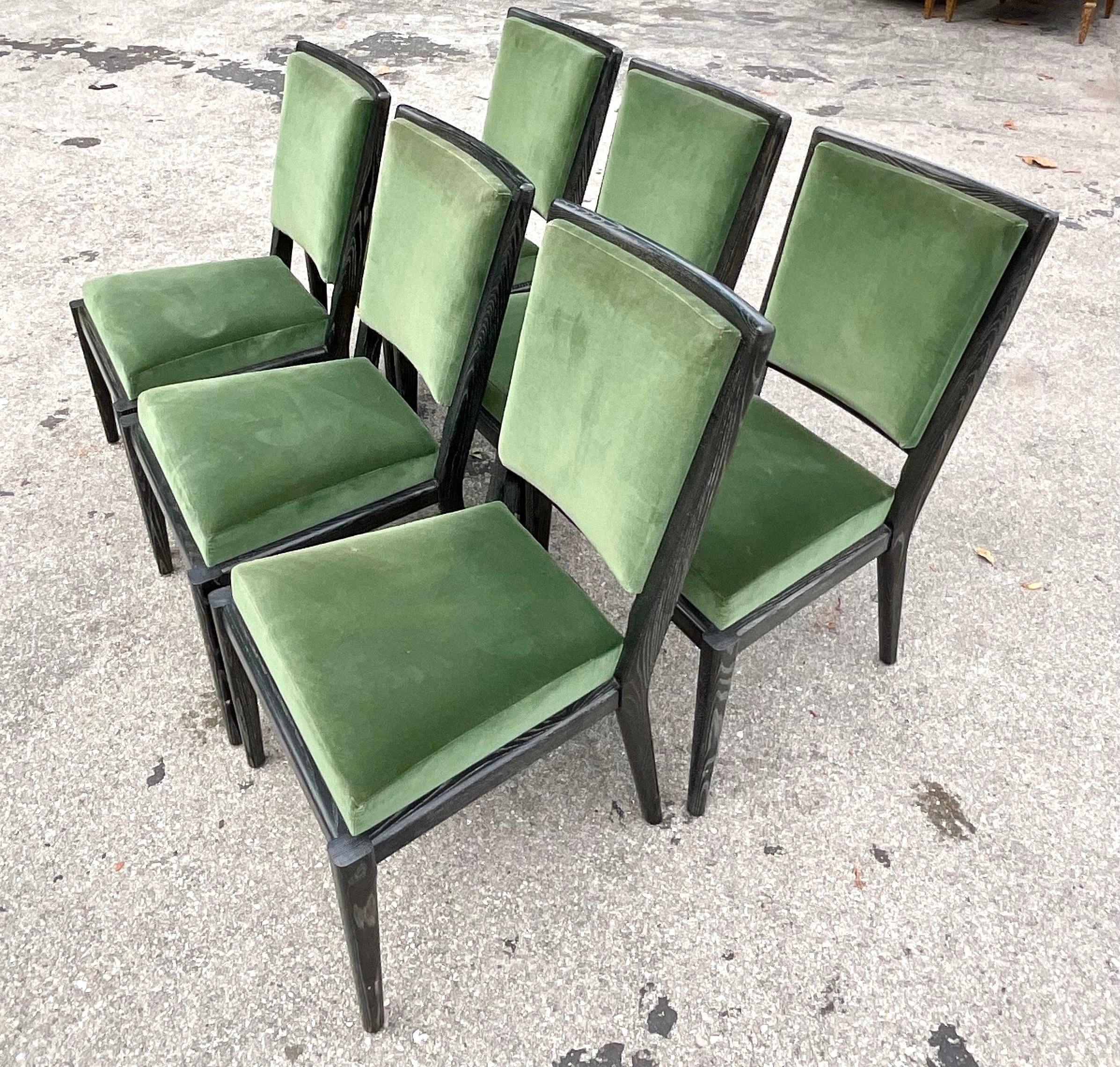 An exceptional set of six vintage Contemporary dining chairs. Made by the David Iatesta group. Beautiful hand made chairs in a lacquered ash wood. Green velvet seats with a chic pattered jacquard on the seat backs. Signed. Acquired from a Palm Beach
