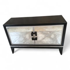 Vintage Contemporary Deco Styled Ebonized Wood 2 Mirrored Door Credenza by Artma