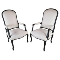 Vintage Contemporary Distressed Ebonized Upholstered Armchairs - Pair