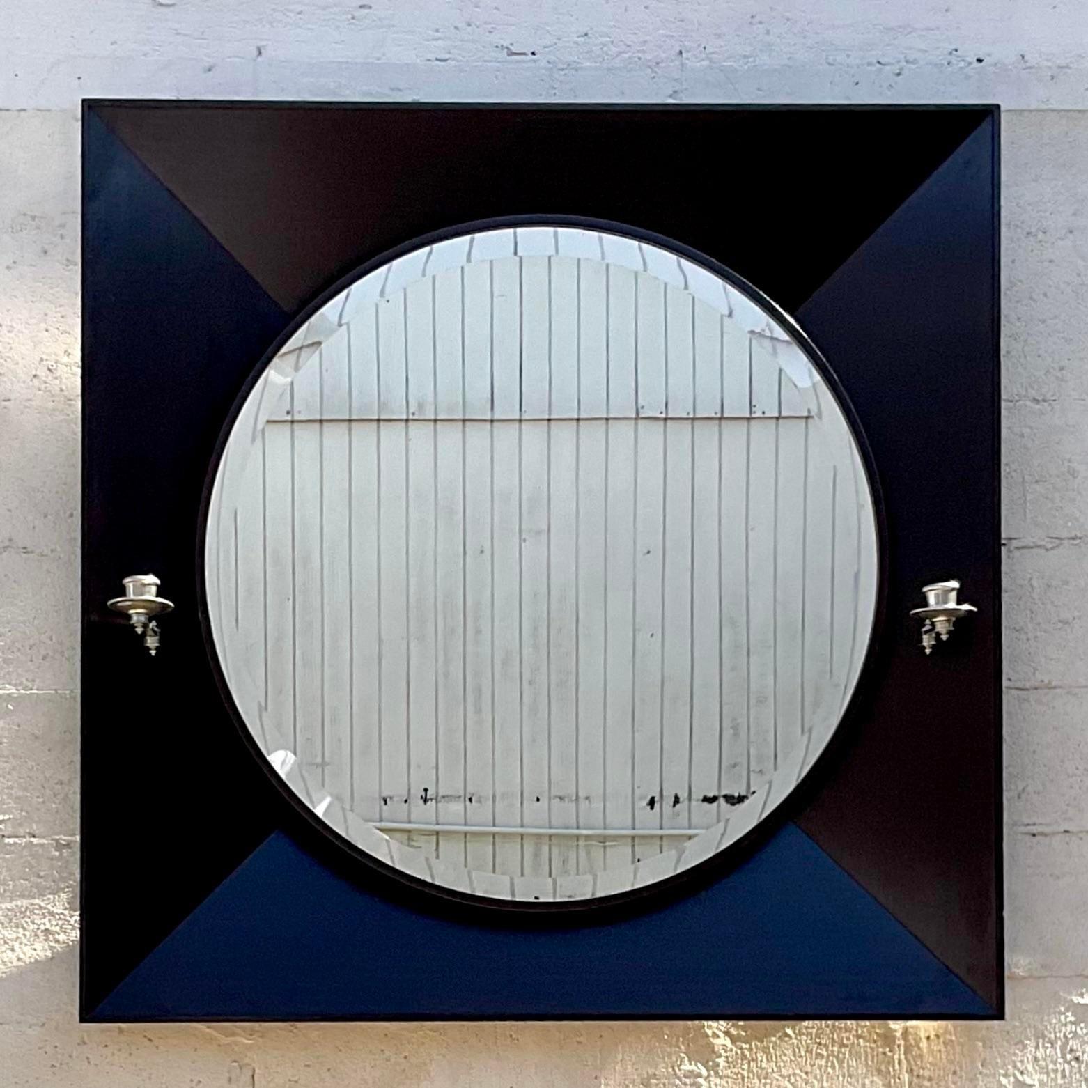 Vintage Contemporary Ebony Candlestick Mirror In Good Condition For Sale In west palm beach, FL