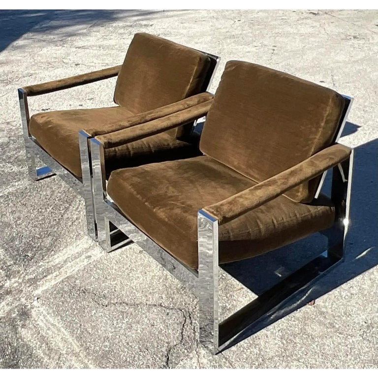 Vintage Contemporary Flat Bar Lounge Chairs After Milo Baughman, a Pair