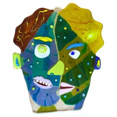 Vintage Contemporary Fused Glass Faces Wall Sculpture
