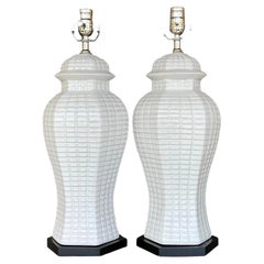 Vintage Contemporary Glazed Ceramic Grid Ginger Jar Lamps, a Pair
