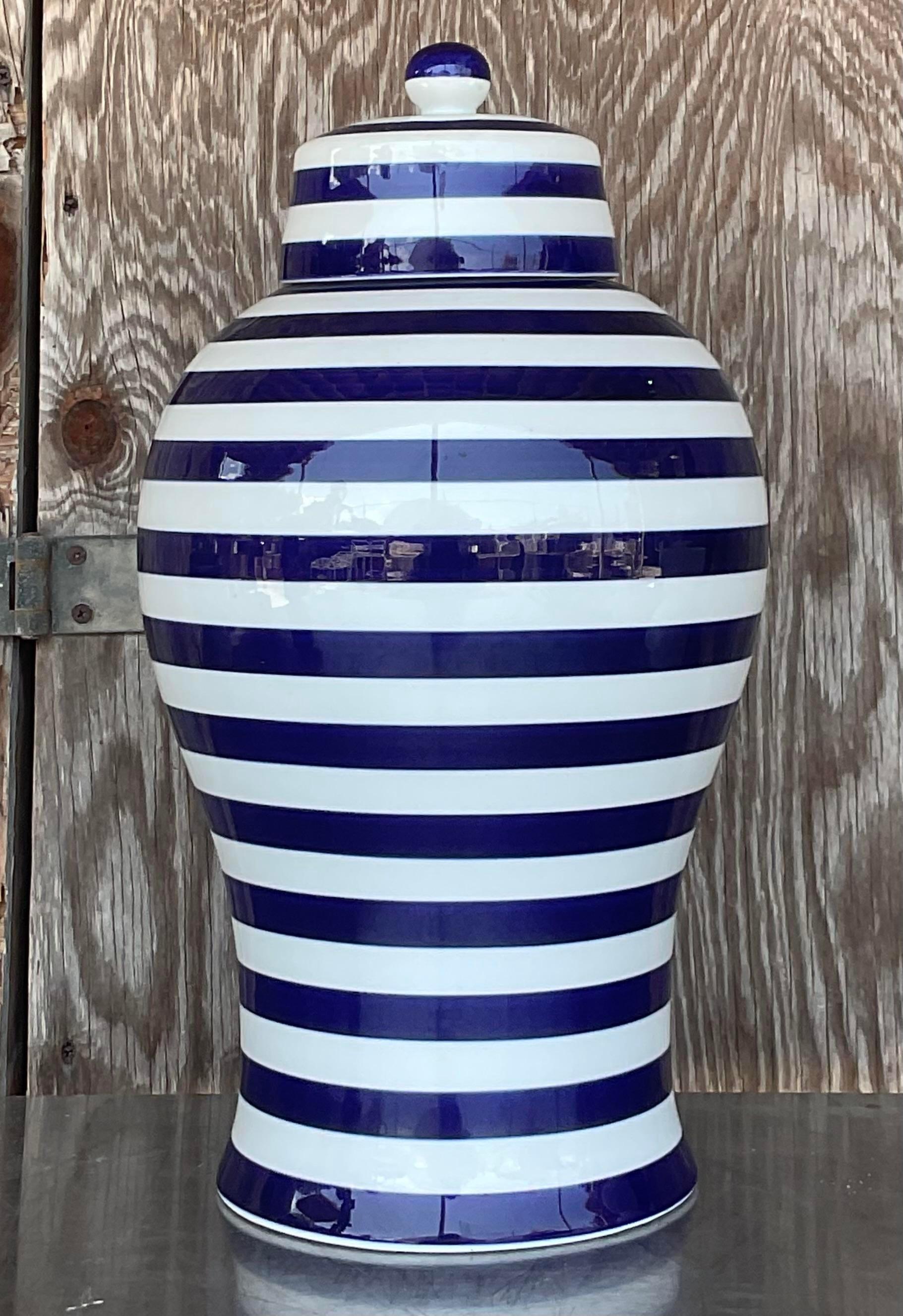 A fabulous vintage Contemporary ginger jar. Beautiful glazed ceramic with a chic striped design. Acquired from a Palm Beach estate.