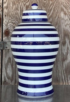 Vintage Contemporary Glazed Ceramic Striped Ginger Jar
