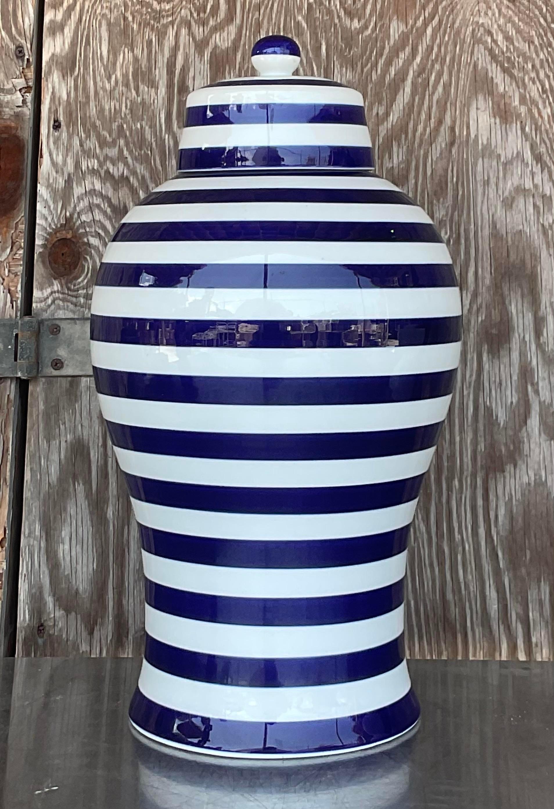 Mid-Century Modern Vintage Contemporary Glazed Ceramic Striped Ginger Jar For Sale