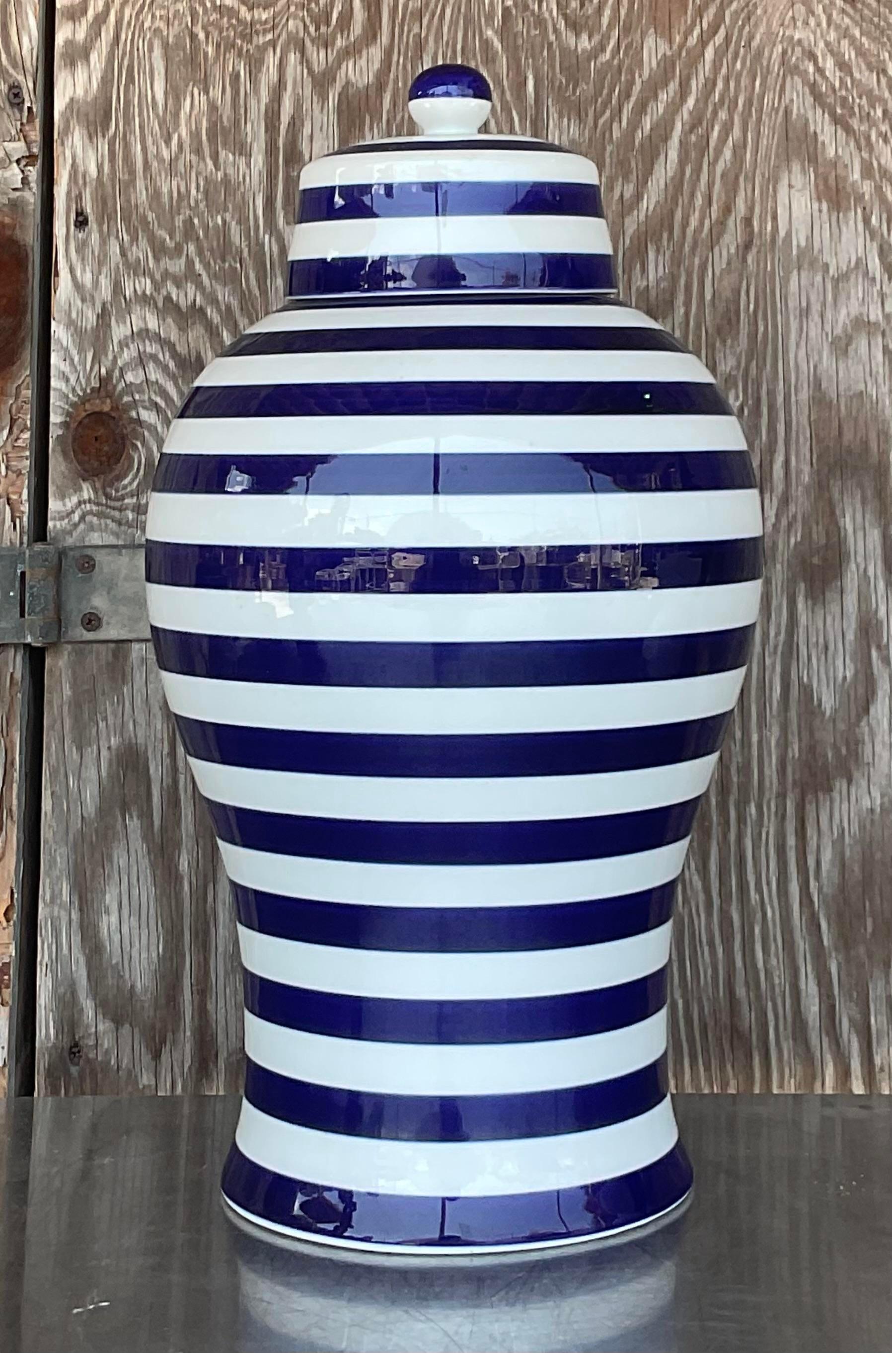 Vintage Contemporary Glazed Ceramic Striped Ginger Jar In Good Condition For Sale In west palm beach, FL