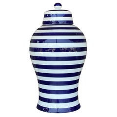 Retro Contemporary Glazed Ceramic Striped Ginger Jar