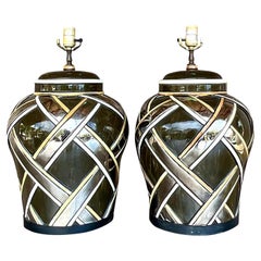 Vintage Contemporary Glazed Ceramic Trellis Lamps - a Pair