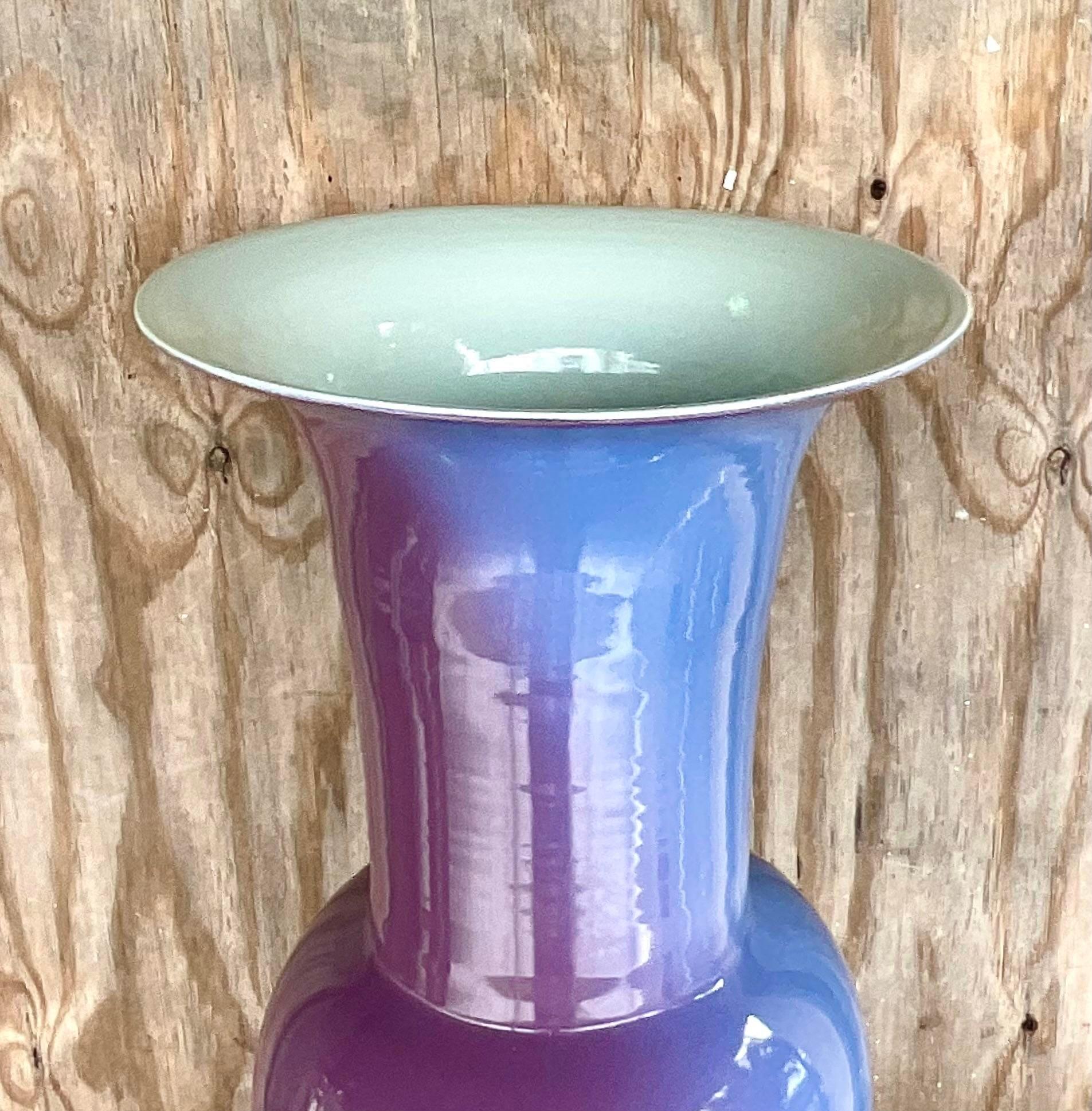 Fantastic vintage glazed ceramic vase. Beautiful ombré design in a high glass finish. Acquired from a Palm Beach estate.