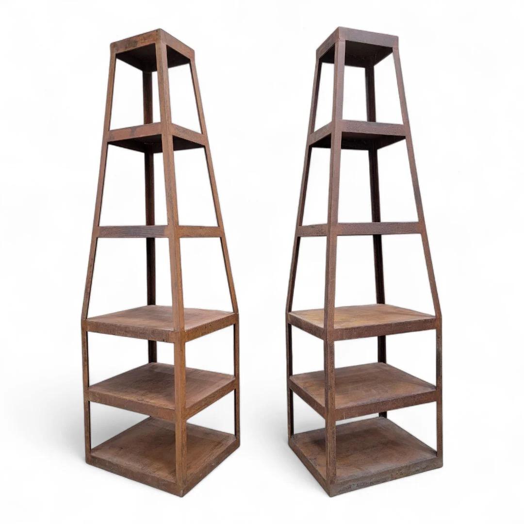 Vintage Contemporary Hand Forged Metal Storage Tower Bookshelves Etageres, Pair In Good Condition For Sale In Chicago, IL