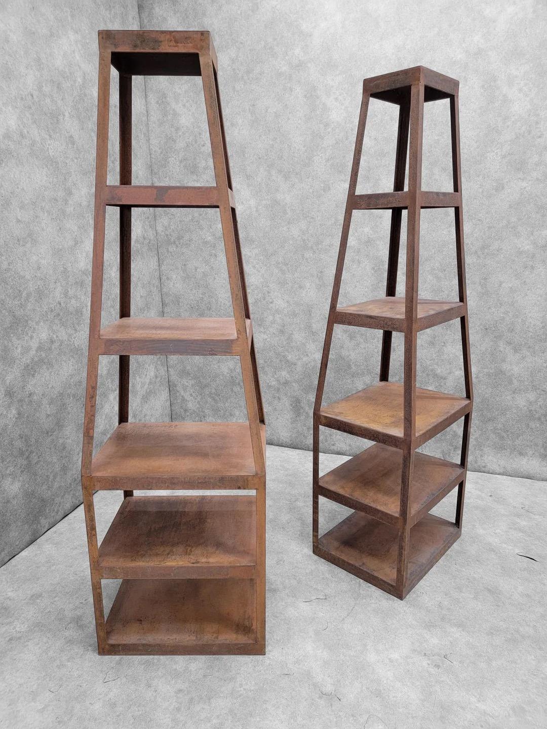 Vintage Contemporary Hand Forged Metal Storage Tower Bookshelves Etageres, Pair For Sale 2