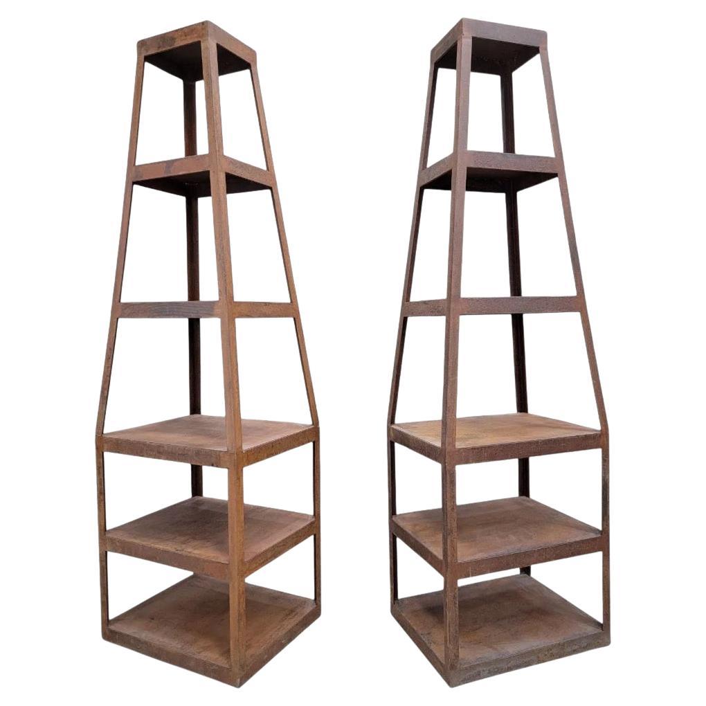 Vintage Contemporary Hand Forged Metal Storage Tower Bookshelves Etageres, Pair For Sale