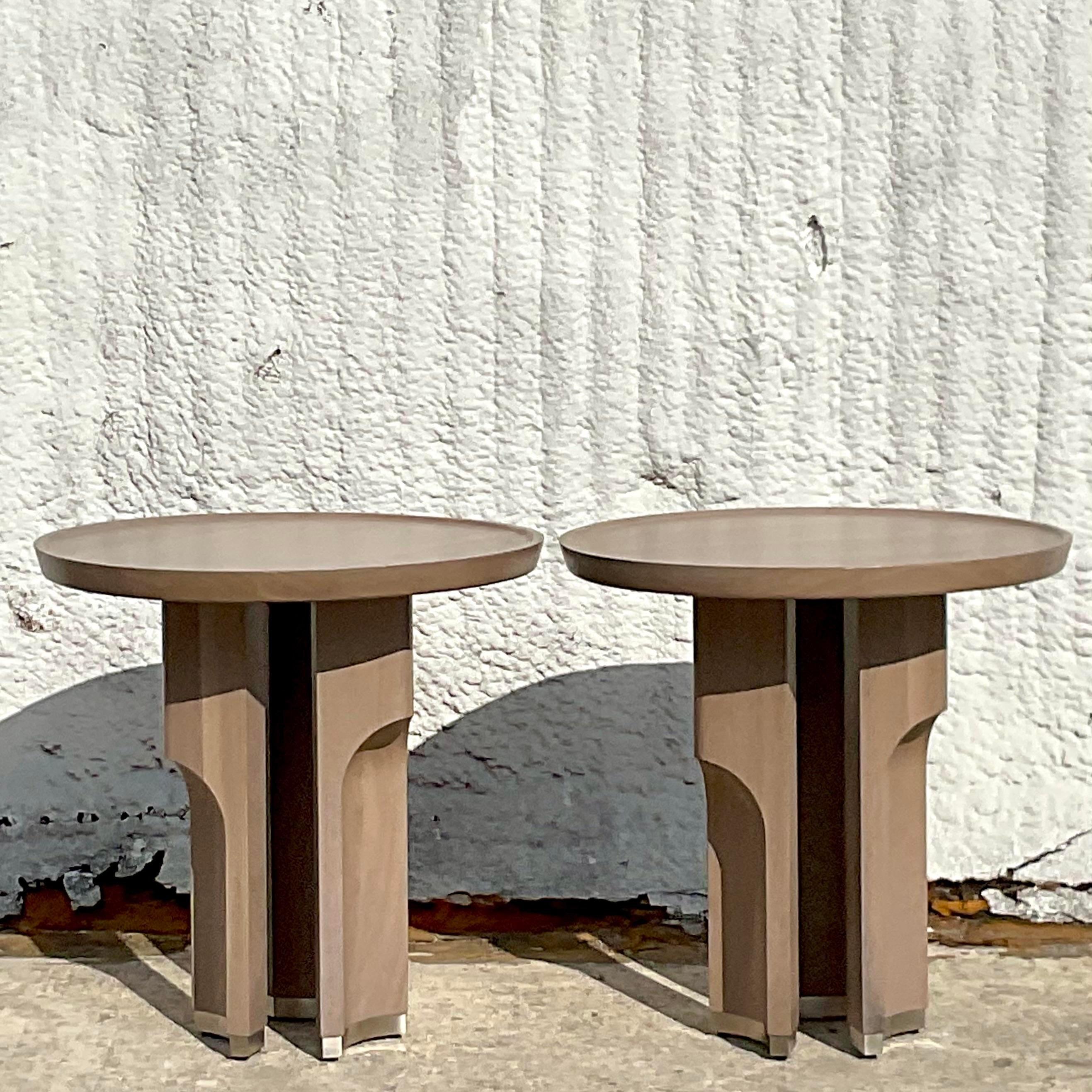American Vintage Contemporary Hellman Chang Weathered Walnut “Fountain” Side Tables