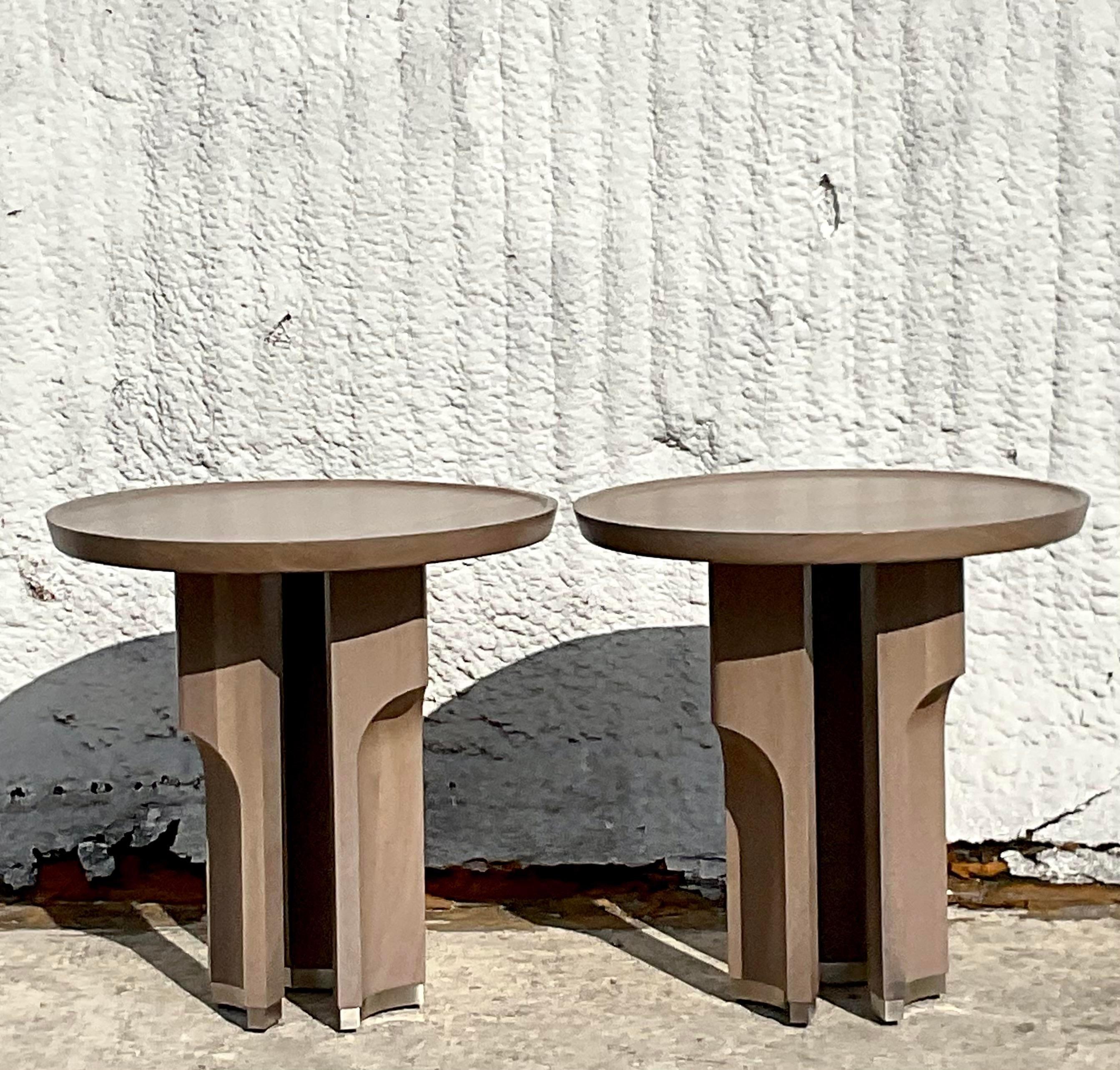 Nickel Vintage Contemporary Hellman Chang Weathered Walnut “Fountain” Side Tables