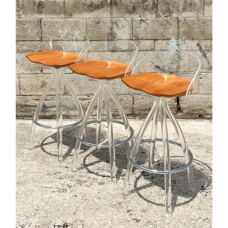 Vintage Contemporary Hill Company Lucite and Wood Barstools, Set