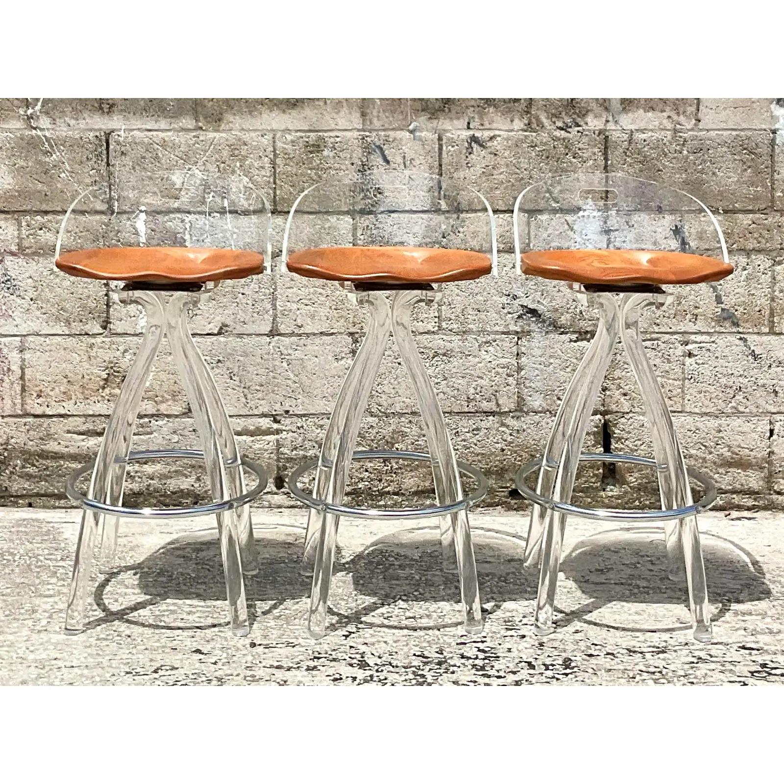 Vintage Contemporary Hill Company Lucite and Wood Barstools, Set of 3 In Good Condition In west palm beach, FL