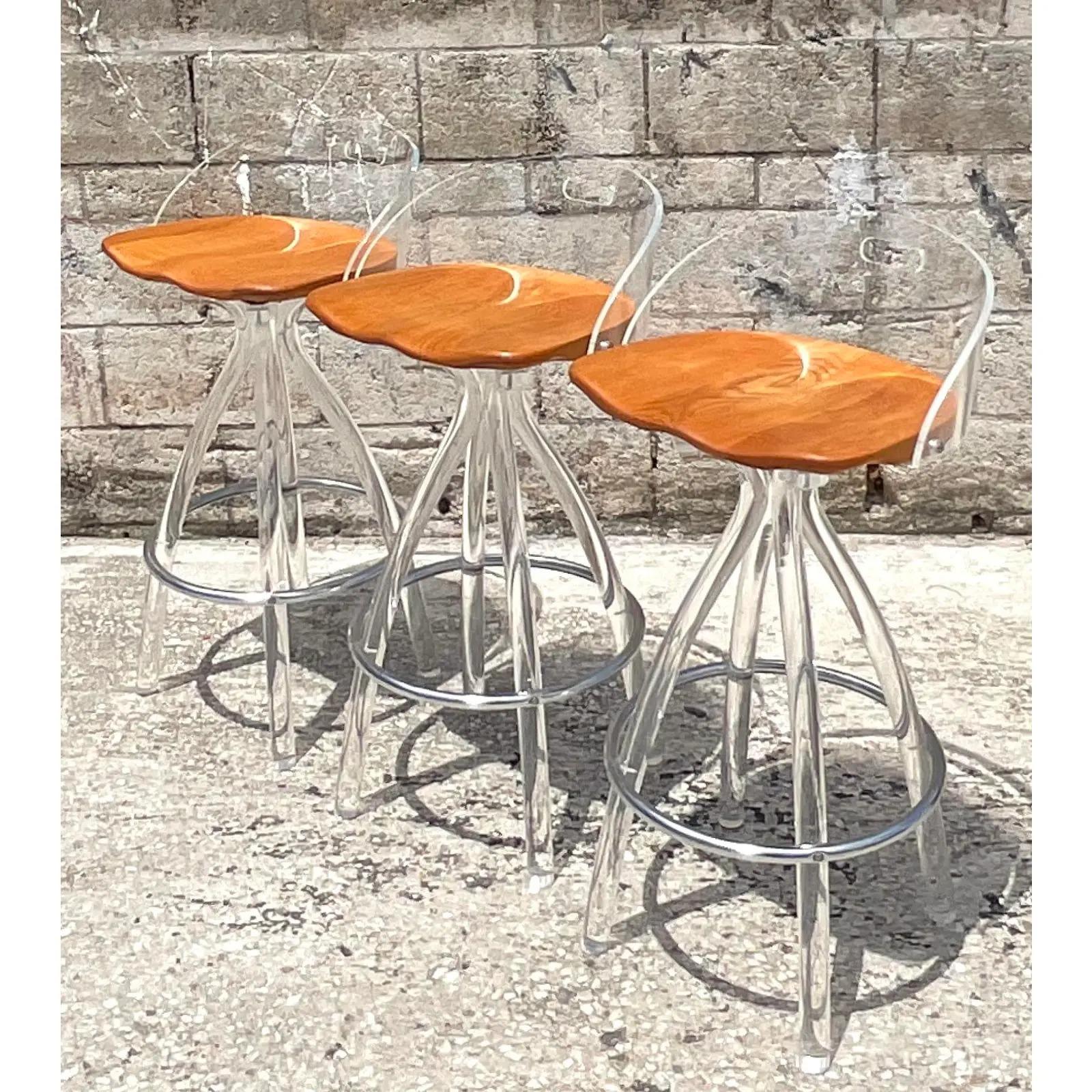 20th Century Vintage Contemporary Hill Company Lucite and Wood Barstools, Set of 3