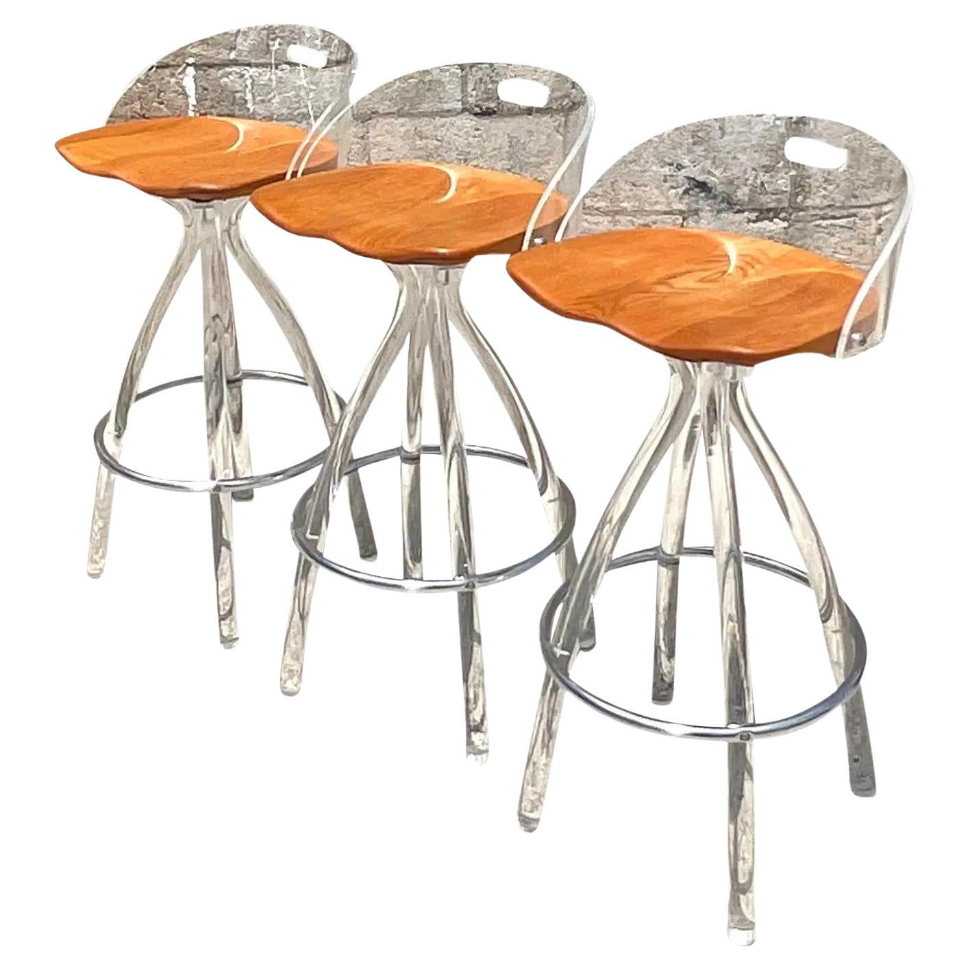 Vintage Contemporary Hill Company Lucite and Wood Barstools, Set of 3