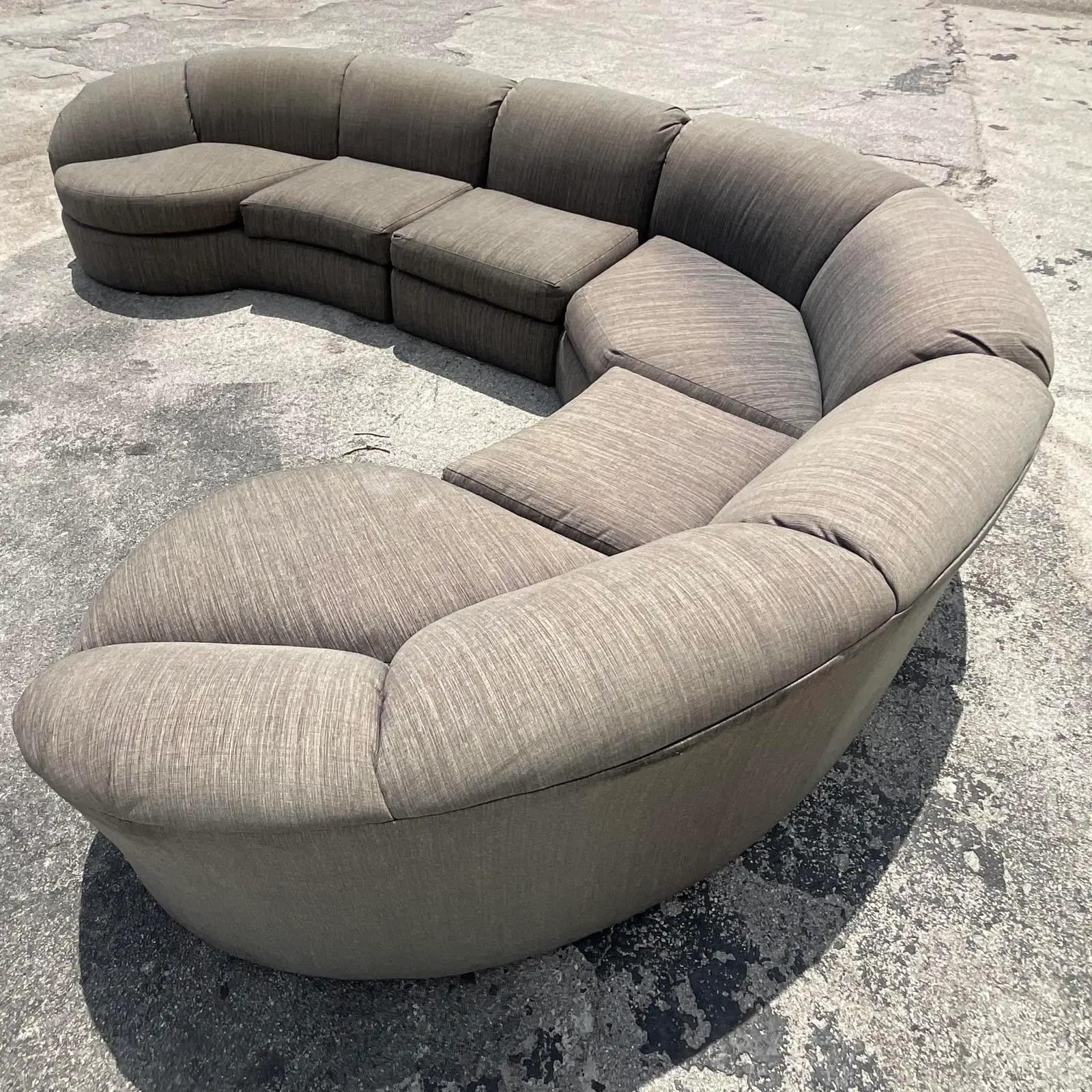 Fantastic vintage Contemporary sectional sofa. Designed by the legendary John Mascheroni for Swaim. Beautiful curved waterfall shape with a chic biomorphic shape. Great as is or update with your favorite upholstery. Acquired from a Palm Beach estate.