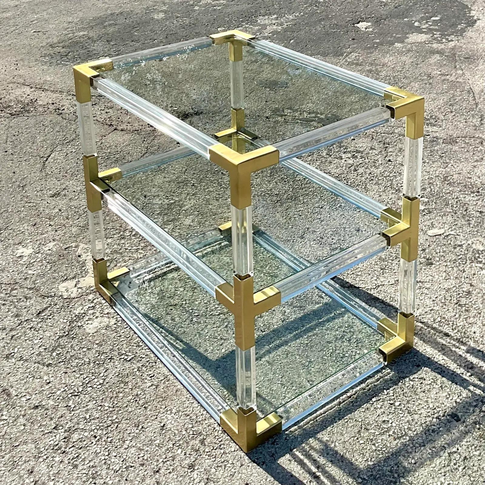 Brass Vintage Contemporary Jonathan Adler “Jacques” Two Tier Lucite Side Table