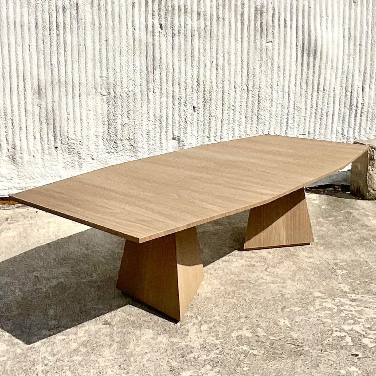 An extraordinary vintage Contemporary dining table. The “Divine” style by the Keith Fritz. A beautiful faceted design in a chic cerused finish. Acquired from a Palm Beach estate.