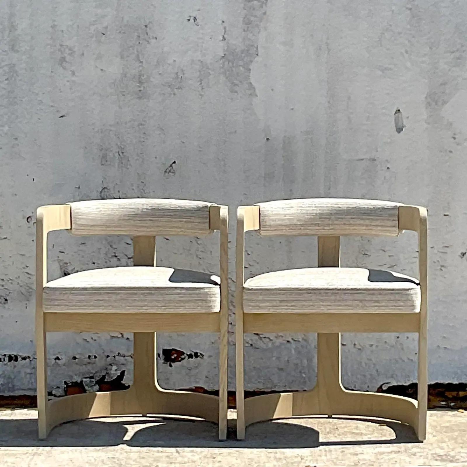 North American Vintage Contemporary Kelly Wearstler Cerused Oak Zuma Chairs, a Pair