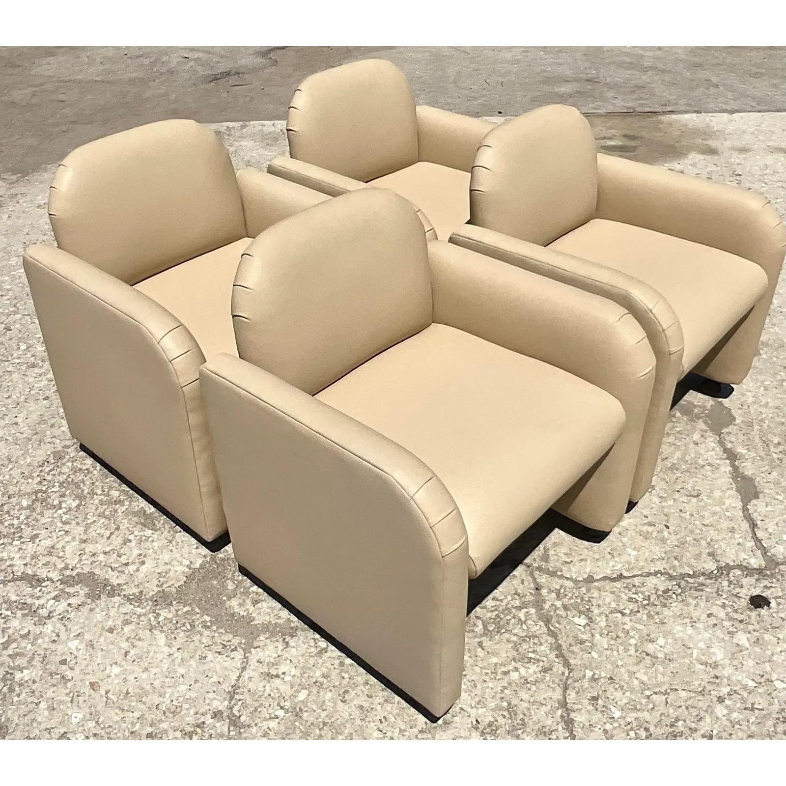 Vintage Contemporary Leather Lounge Chairs on Casters, Set of 4 In Good Condition In west palm beach, FL