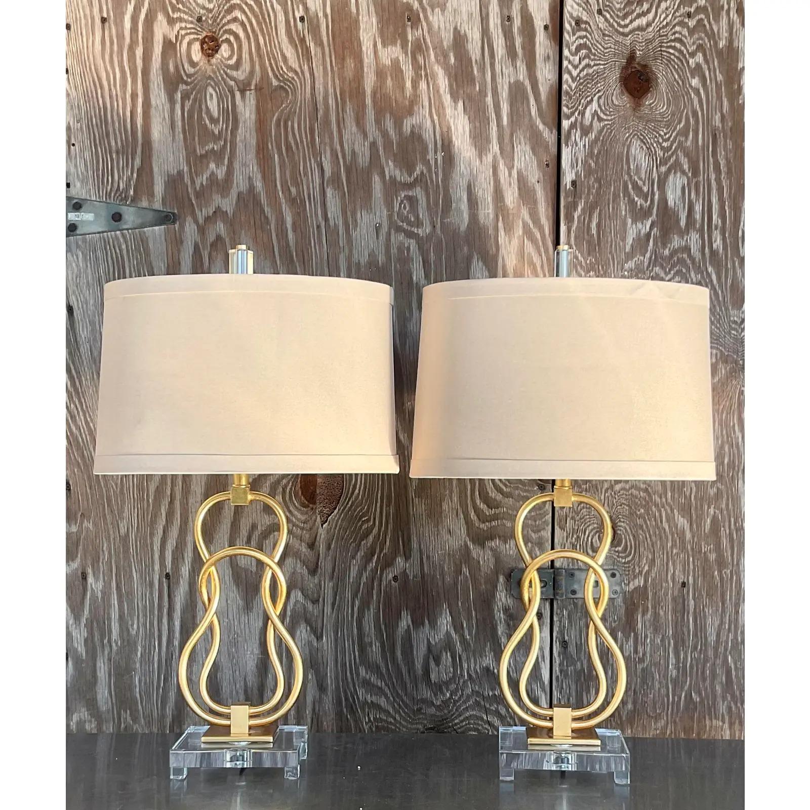 Vintage Contemporary Linked Gilt Rings Lamps - a Pair For Sale 4