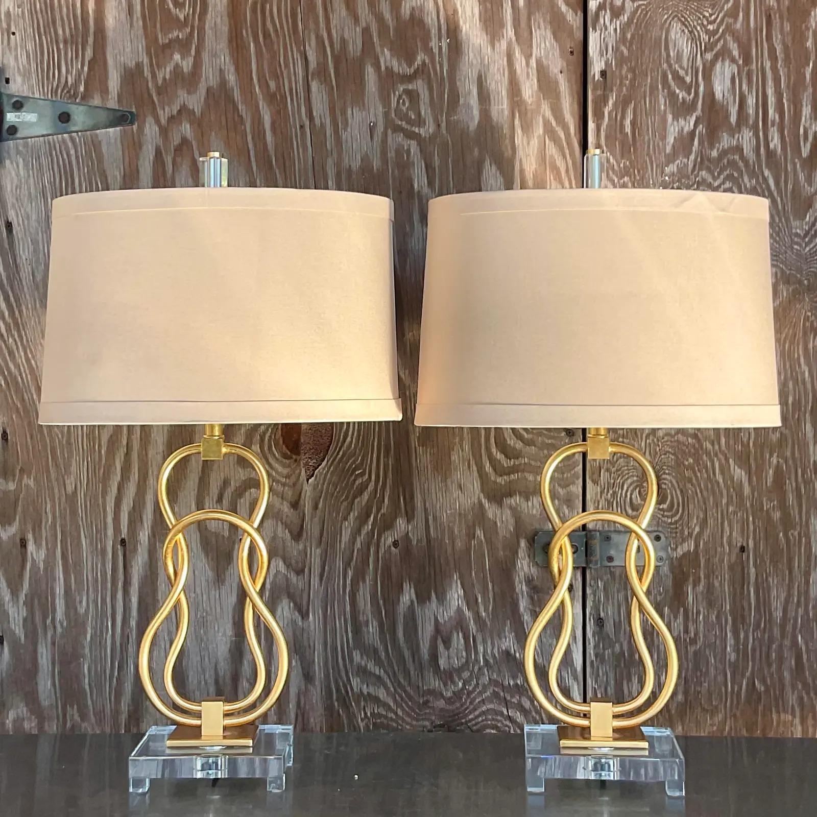 North American Vintage Contemporary Linked Gilt Rings Lamps - a Pair For Sale