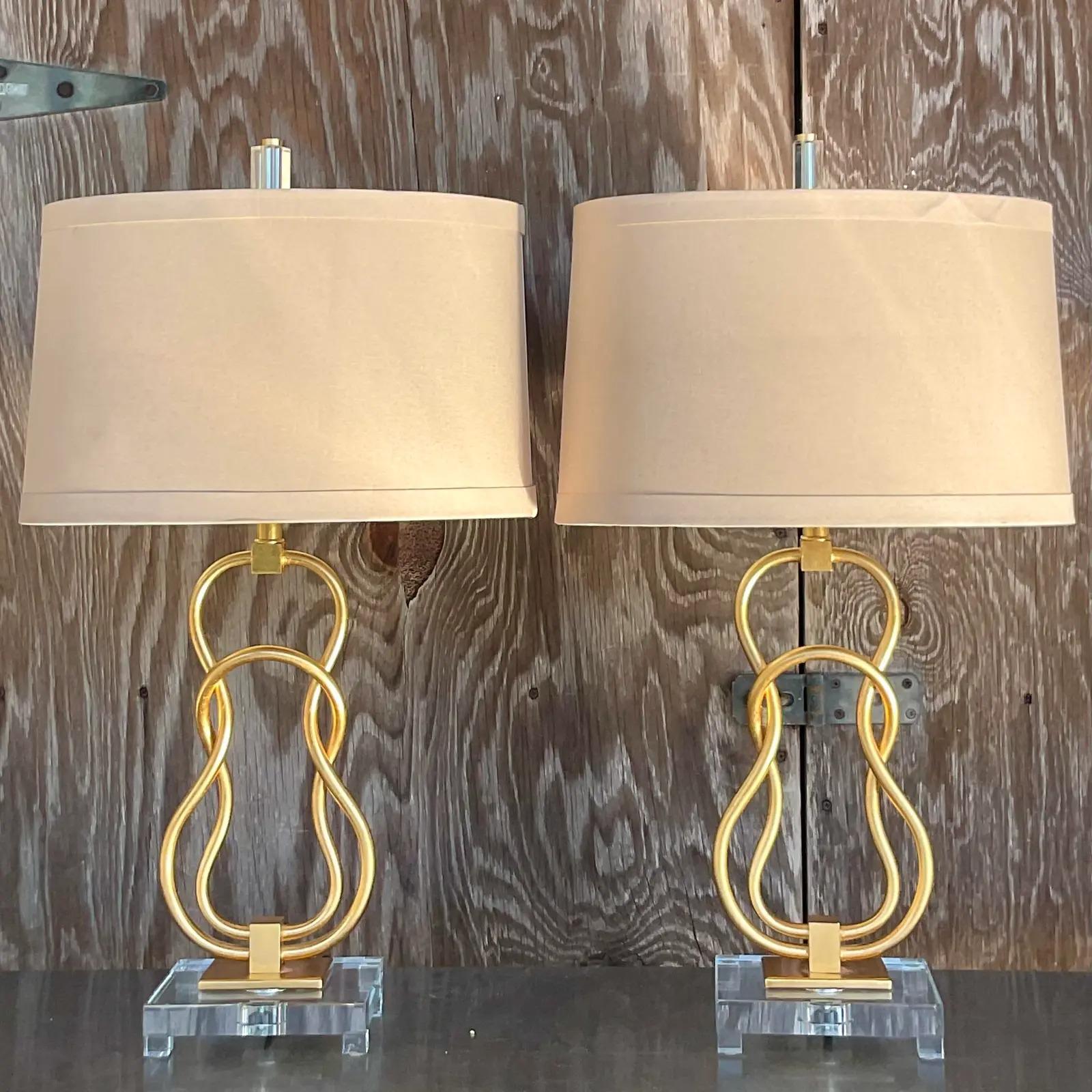 Vintage Contemporary Linked Gilt Rings Lamps - a Pair For Sale 1