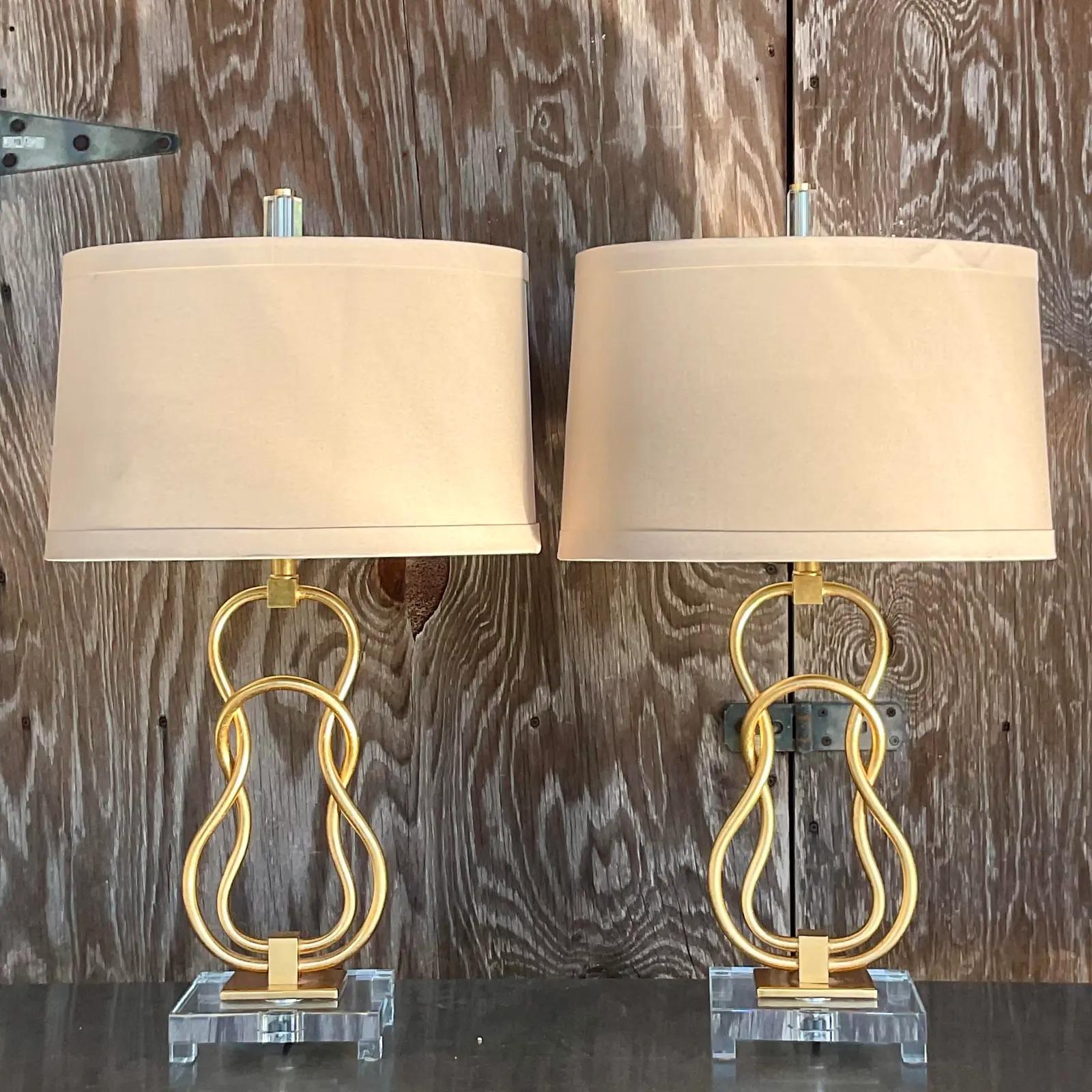 Vintage Contemporary Linked Gilt Rings Lamps - a Pair For Sale 3