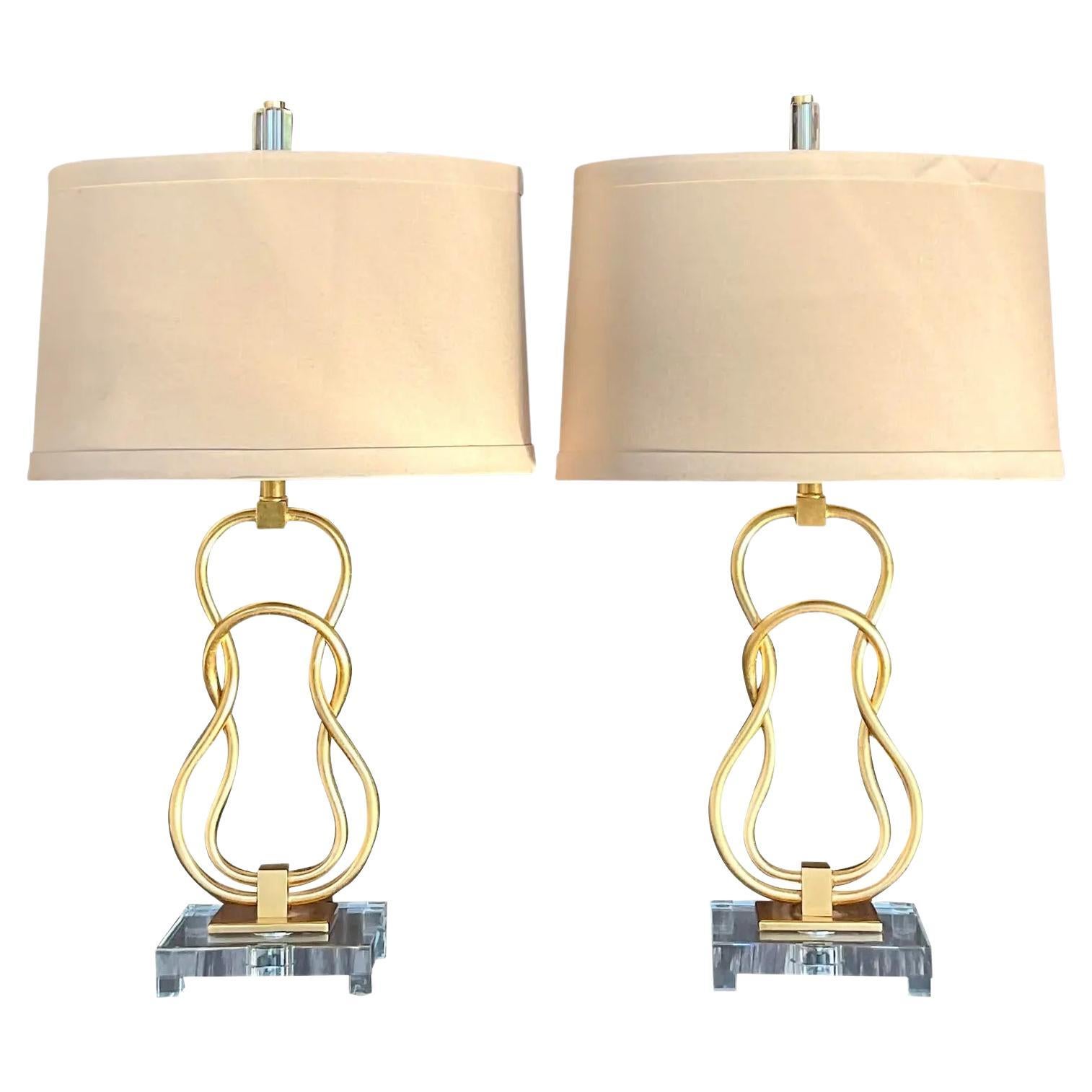 Vintage Contemporary Linked Gilt Rings Lamps - a Pair For Sale